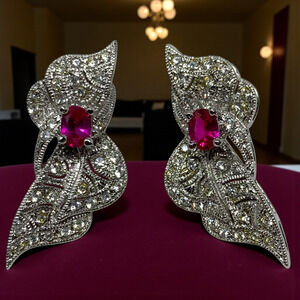 New NADRI Pavé CZ Earrings Pink Center Crystal Silver Tone Art Deco Pierced